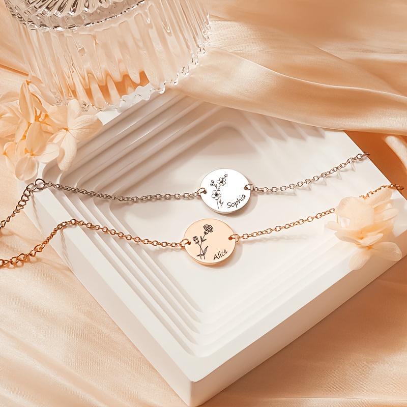 Personalized Birth Flower Bracelet in Stainless Steel